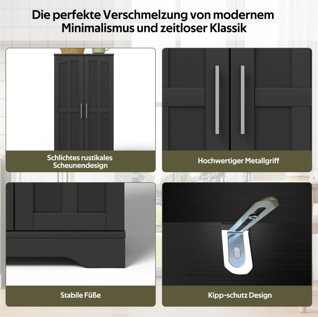 Credenza alta moderna 120x60x40 cm in MDF nero con luce LED sensore e ante scanalate