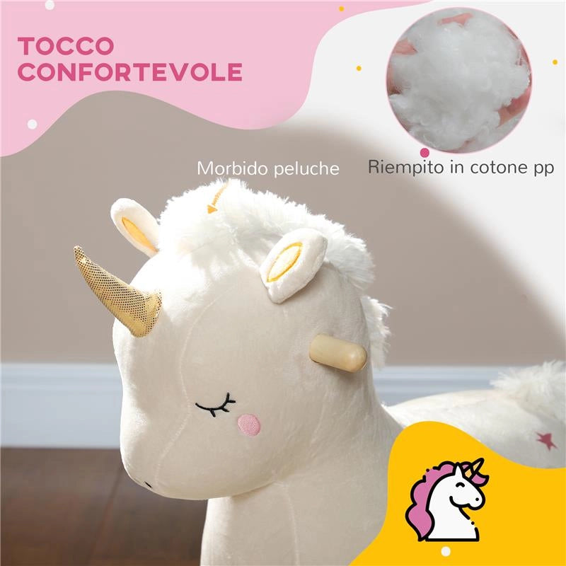 CAVALLO A DONDOLO PER BAMBINI 2-4 ANNI A UNICORNO CON SUONI E RIVESTIMENTO MORBIDO 63X33X56 CM BIANCO