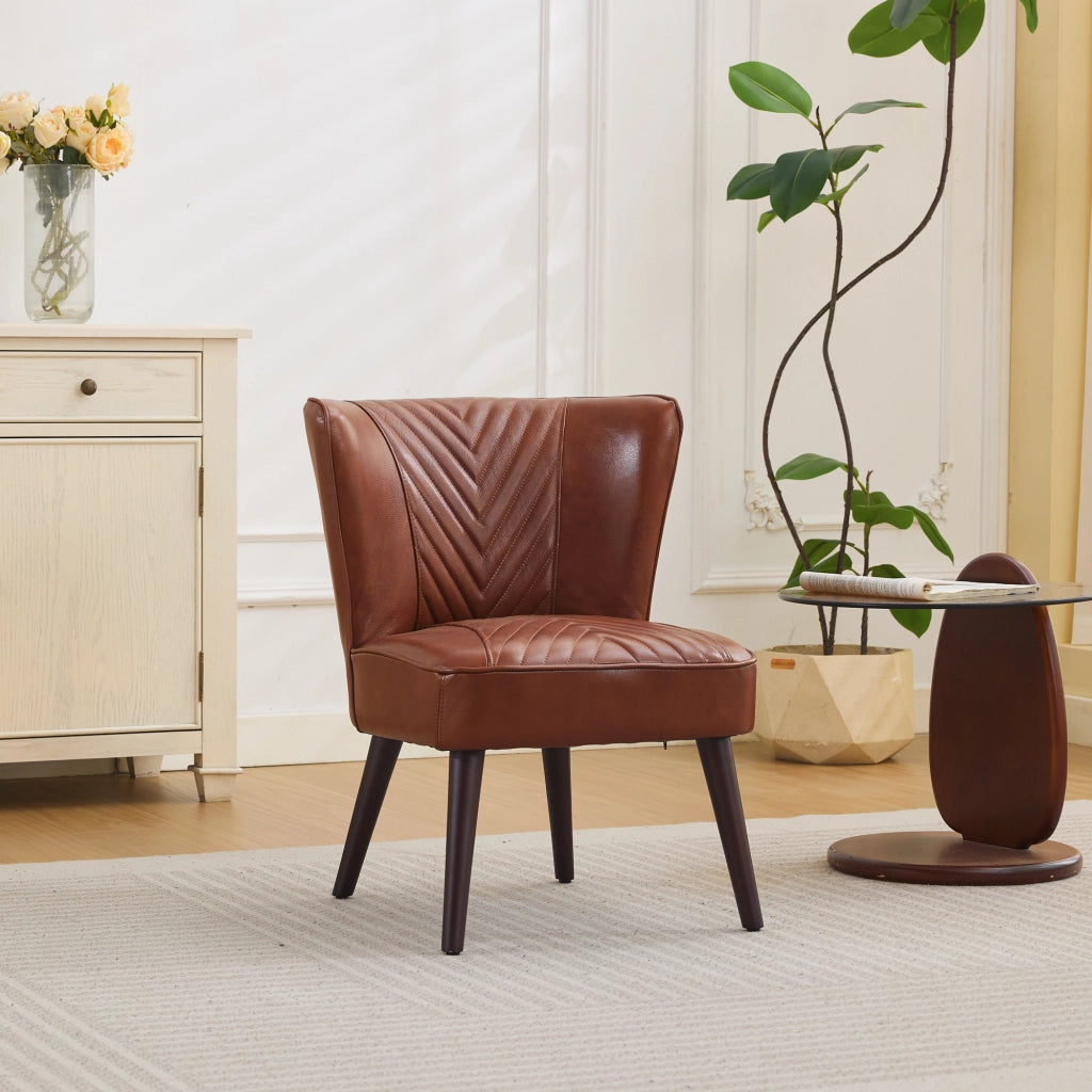 Poltrona Lounge senza Braccioli con Cuciture Diagonali a 45° e Struttura Stabile, in Pelle e Legno, Marrone