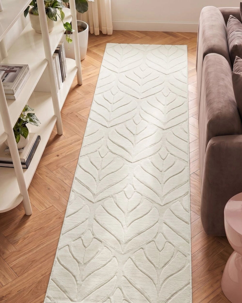 Tappeto da corridoio in pelliccia sintetica di coniglio, bianco sporco, in poliestere, 80 x 300 cm, rotondo, morbido, a pelo lungo, motivo a foglie