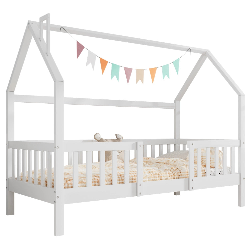 Letto casetta 90x200 cm con tetto e recinto; legno; bianco (Senza materasso)