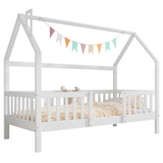 Letto casetta 90x200 cm con tetto e recinto; legno; bianco (Senza materasso)
