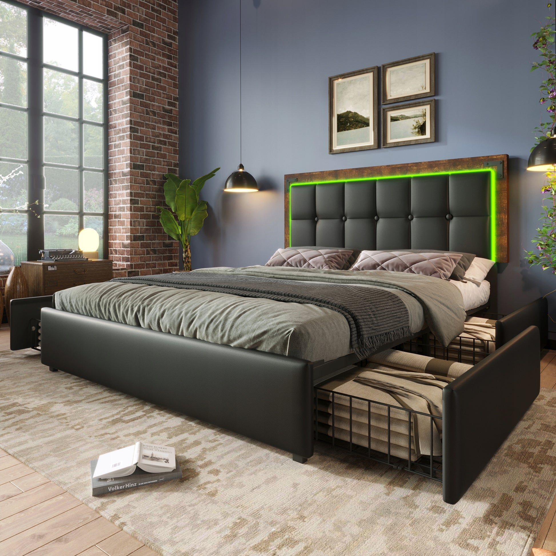 Letto imbottito 160x200 con LED e armadio, nero (con materasso) - Xylo