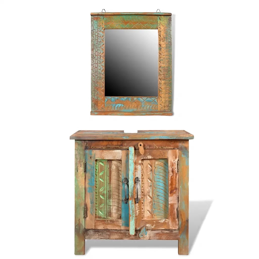Armadietto in Legno di recupero solido per Bagno con Specchio cod mxl 31361
