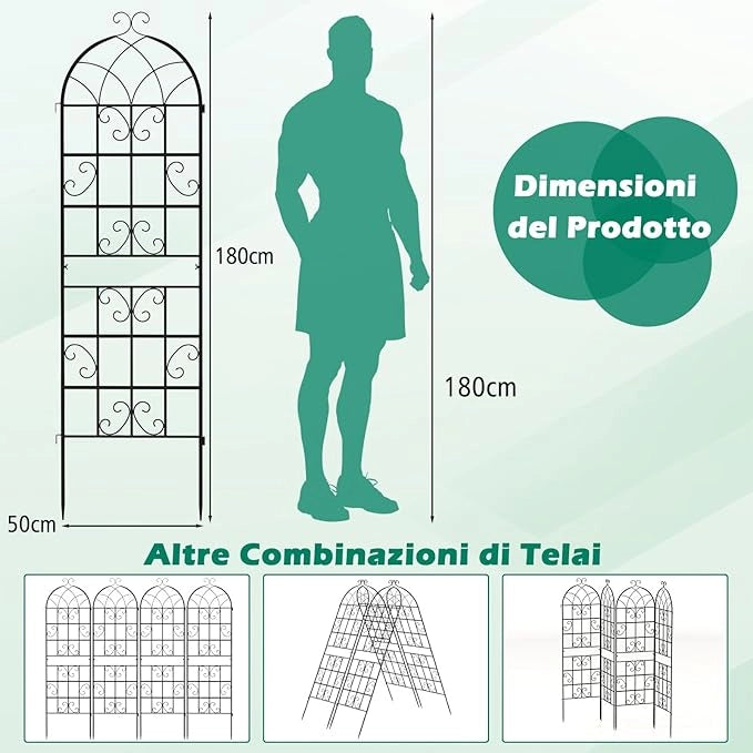 Traliccio da Giardino in Metallo 180 x 50 CM, Set di 2/4 Pannelli di Recinzione da Esterno per Piante Rampicanti, Decorazione Esterna per Giardino, Cortile e Patio (2 Pannelli)