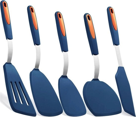 Set di 5 Spatole in Silicone Resistenti al Calore e BPA - Libero da BPA, Resistenti al Calore, da Utilizzare per Pesci, Uova, Pancake - Blu Marina