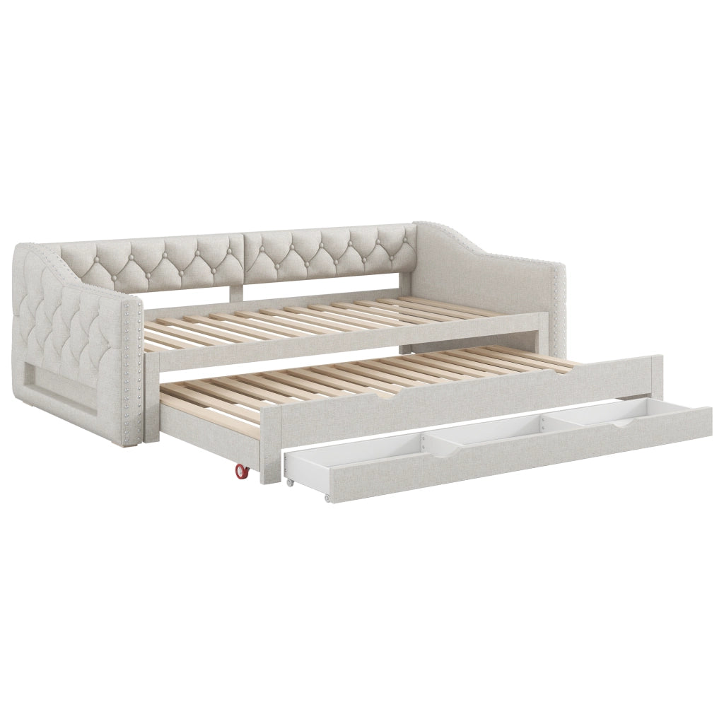 Letto Singolo 90x200 cm con LED; 3 Cassetti e Letto Estraibile in Beige