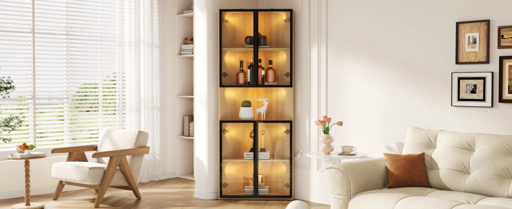 Vetrina angolare con LED, 1 anta e ripiani in MDF effetto rovere, per soggiorno e ufficio, 62 × 32 × 160 cm