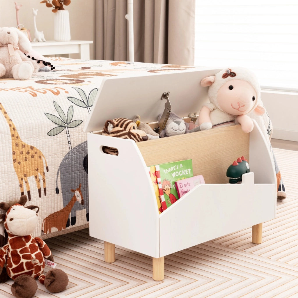 Scatola dei giocattoli in legno con ripiano espositivo, Libreria per bambini con cerniera di sicurezza Binaco-Scaffalature