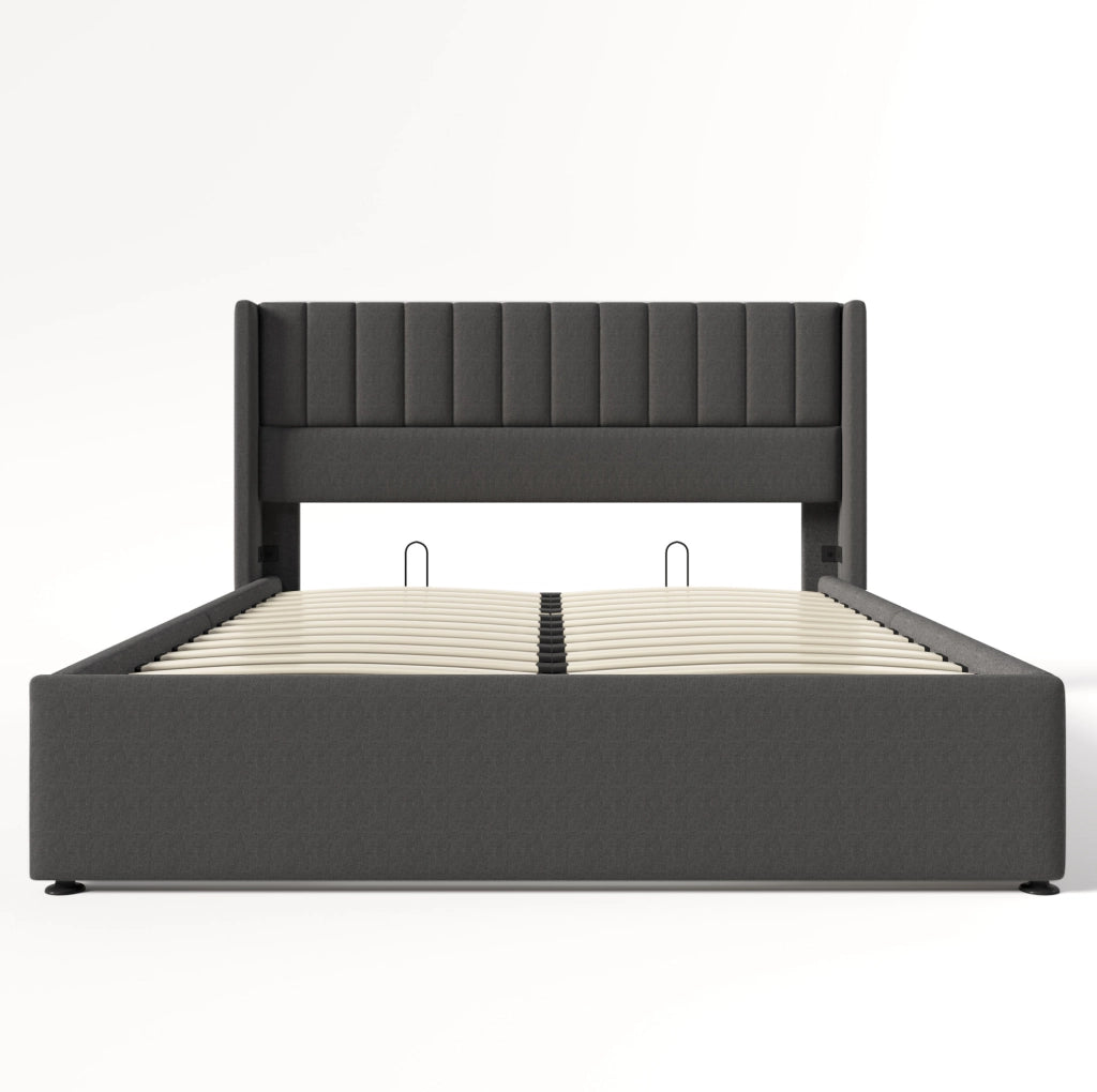 Letto matrimoniale contenitore 180x200 cm imbottito con rete sollevabile in lino grigio