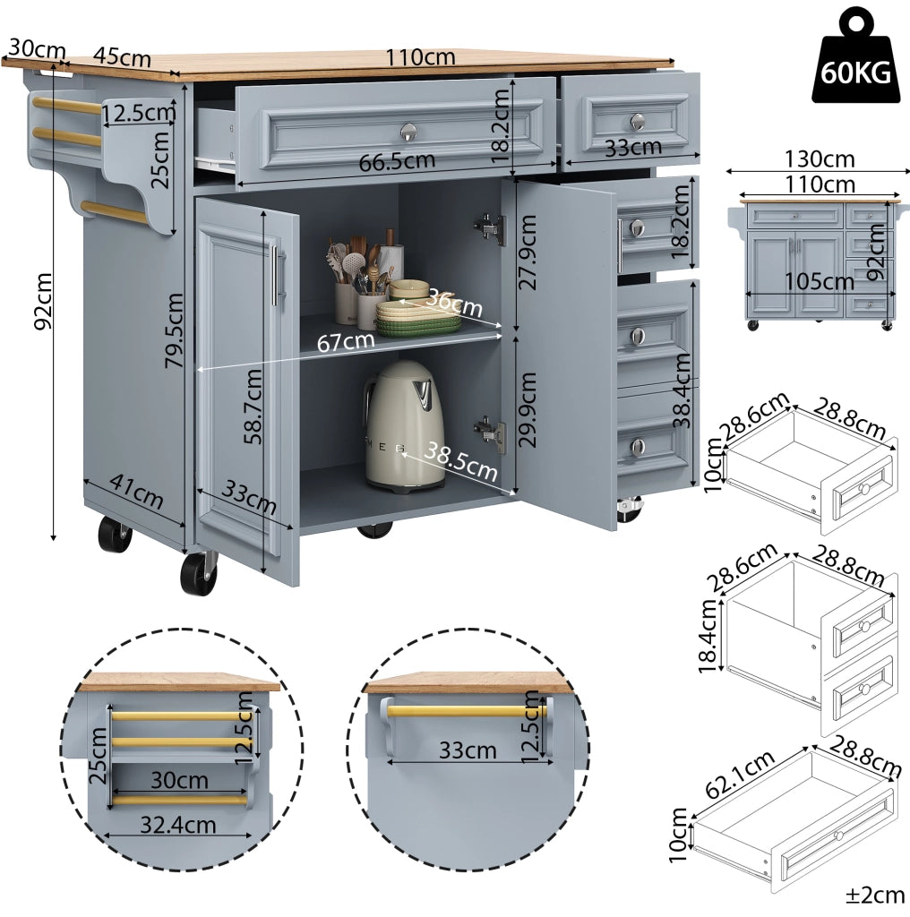 Isola da cucina pieghevole in MDF Baby Blue 110 x 45/75 x 92 cm