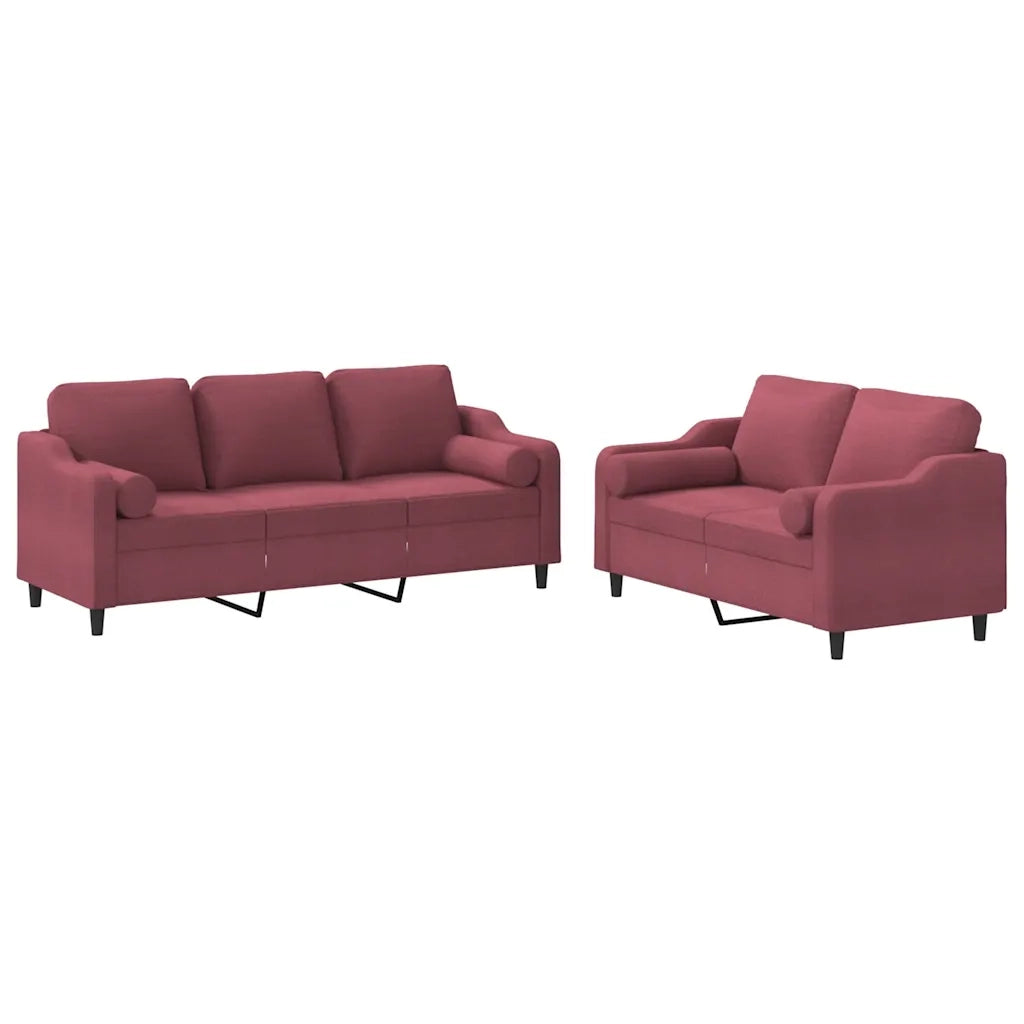 Set di Divani 2 pz con Cuscini Rosso Vino in Tessuto