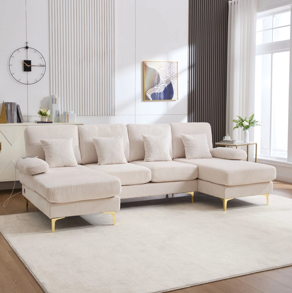 Divano a U 265x135x88 cm con illuminazione LED e porta USB in velluto beige