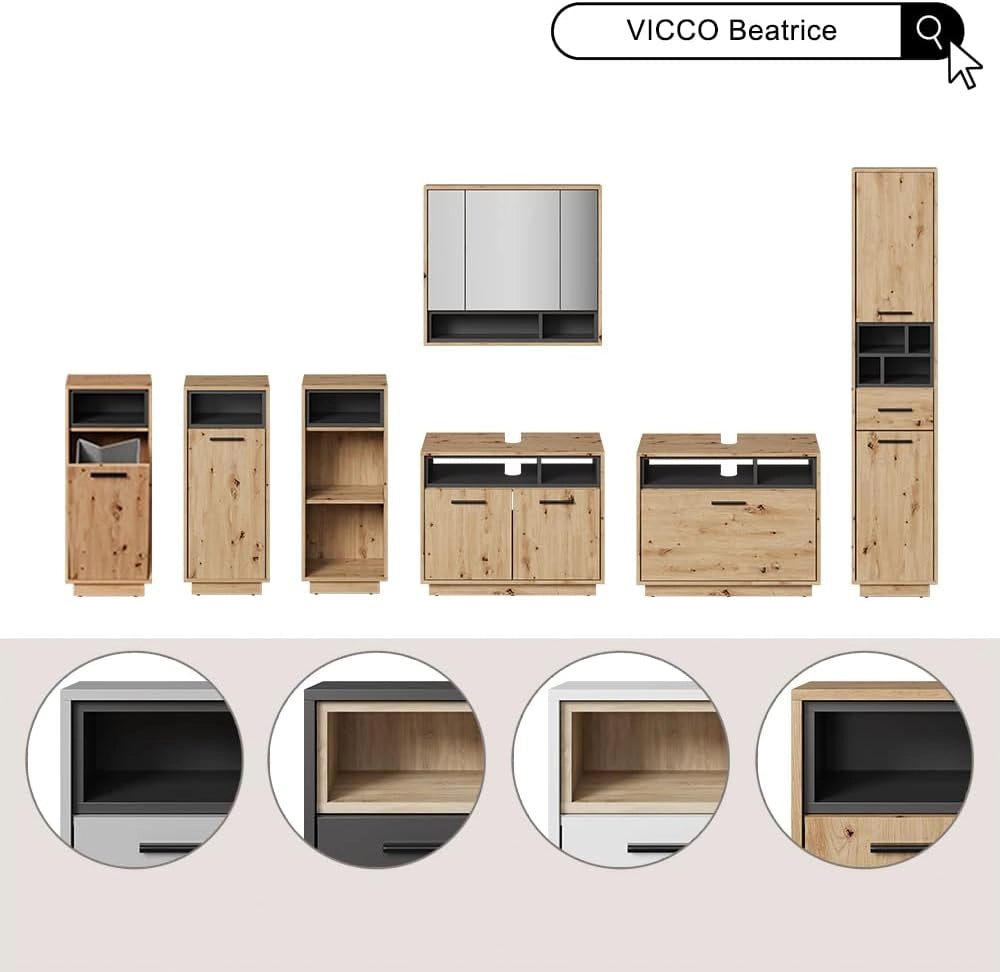 Set mobili bagno Beatrice, Antracite, 80 cm, composto da mobile sottolavabo, specchiera e colonna alta