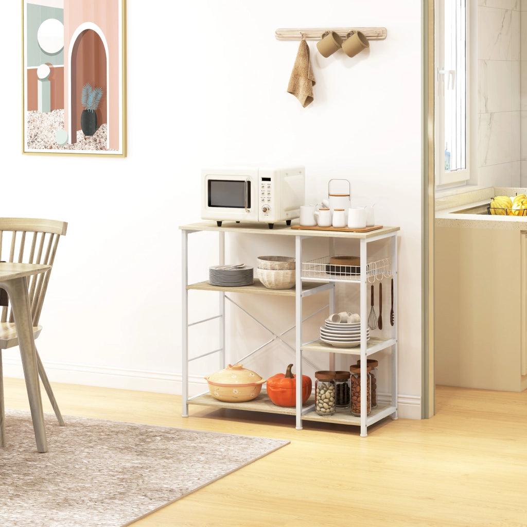 EasyComfort Mobile Cucina Moderno a 4 Ripiani con Cestino e Ganci in Legno e Acciaio, 90x40x84.5cm, Quercia e Bianco