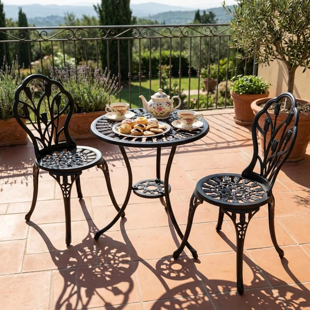 Set da Giardino 3 Pezzi, Tavolo da Bistrot con 2 Sedie in Alluminio Pressofuso, Tavolo con Foro per Ombrellone e Piedini Regolabili, Mobili Resistenti per Balcone, Terrazza e Cortile