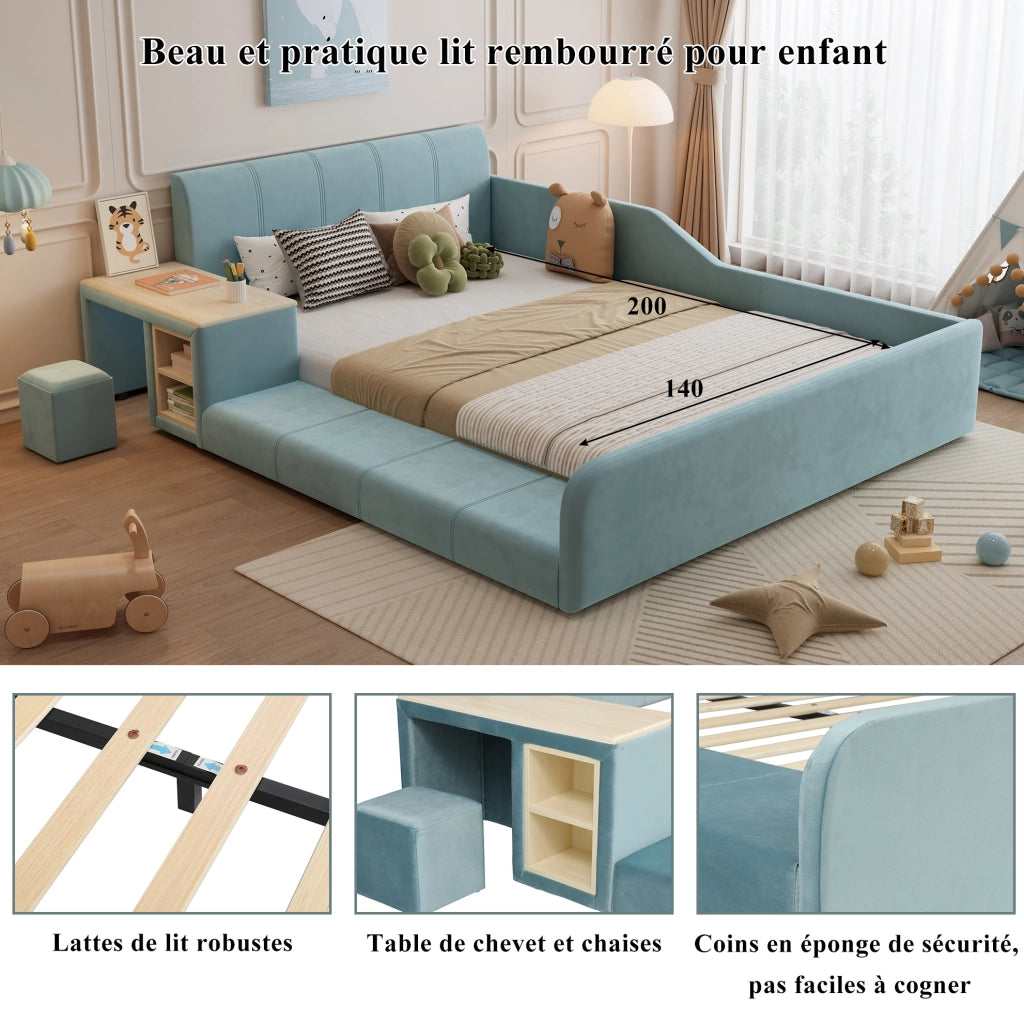 Letto singolo imbottito con scrivania laterale e sgabello, 140x200 cm, velluto blu