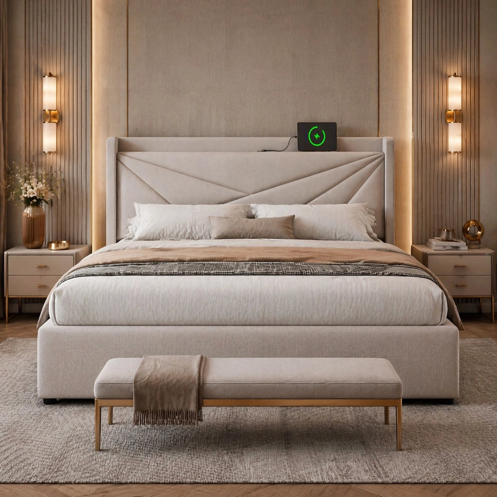 Letto matrimoniale contenitore 160x200 cm in cotone e lino beige con USB e Tipo C