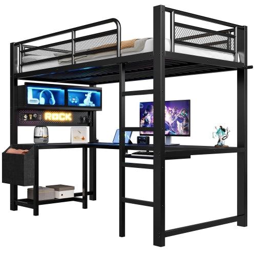 Letto a soppalco con scrivania 90x200 cm LEMONMAX, LED 7 colori, 2 prese e 2 USB, mensole, struttura in metallo, nero
