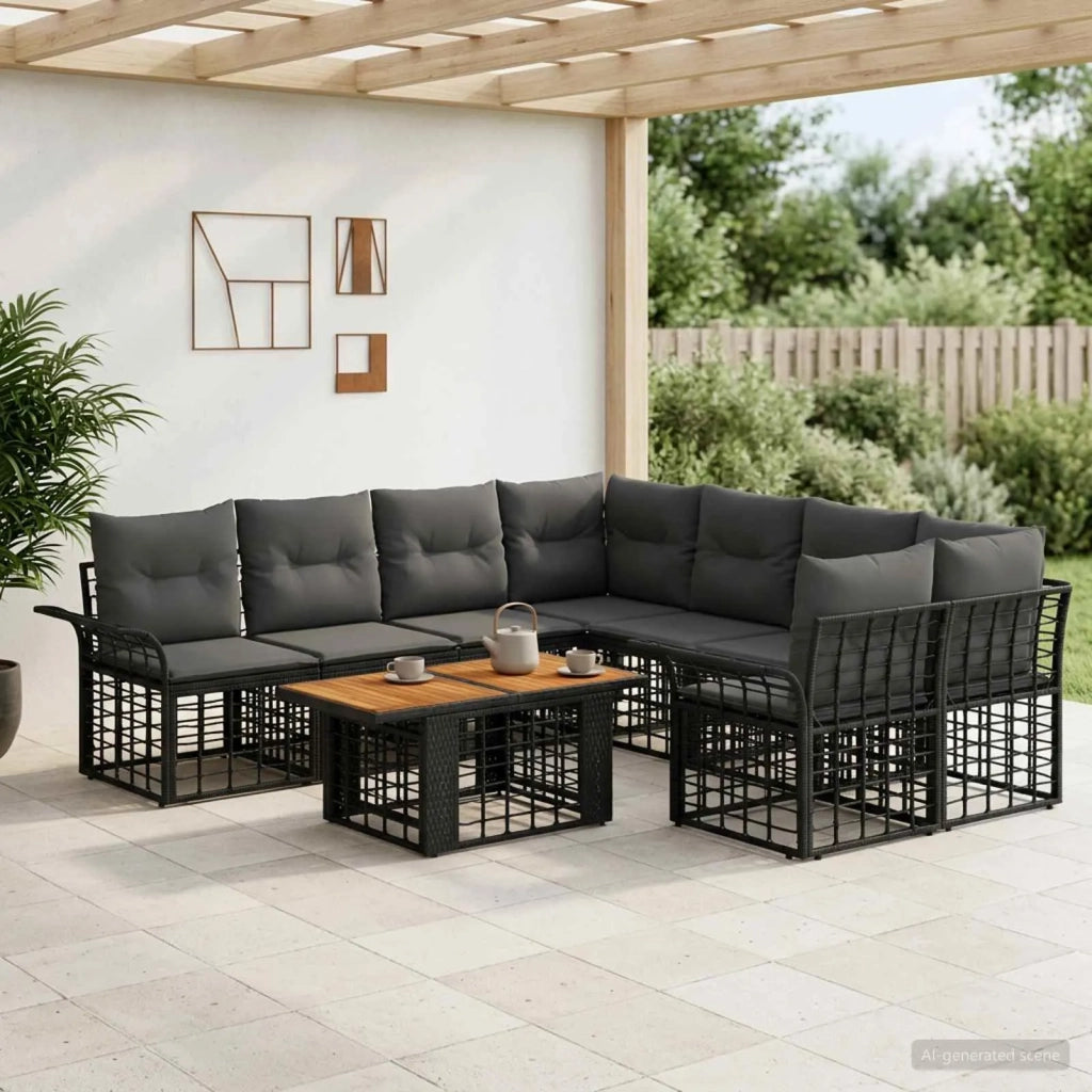 Set Divano da Giardino 9 pz Nero e Grigio scuro polyrattan 3437959