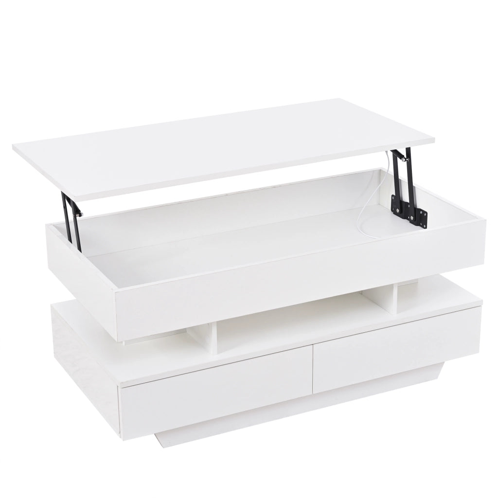 Tavolino lucido, piano regolabile in altezza, illuminazione a LED, 2 cassetti, 100 x 50 x 45 cm, bianco