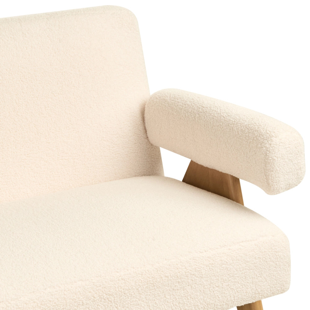 Set di divani Bianco Sporco e marrone chiaro Divano a 2 posti Panca Boucle Rivestimento Retro Design Gambe di legno Soggiorno