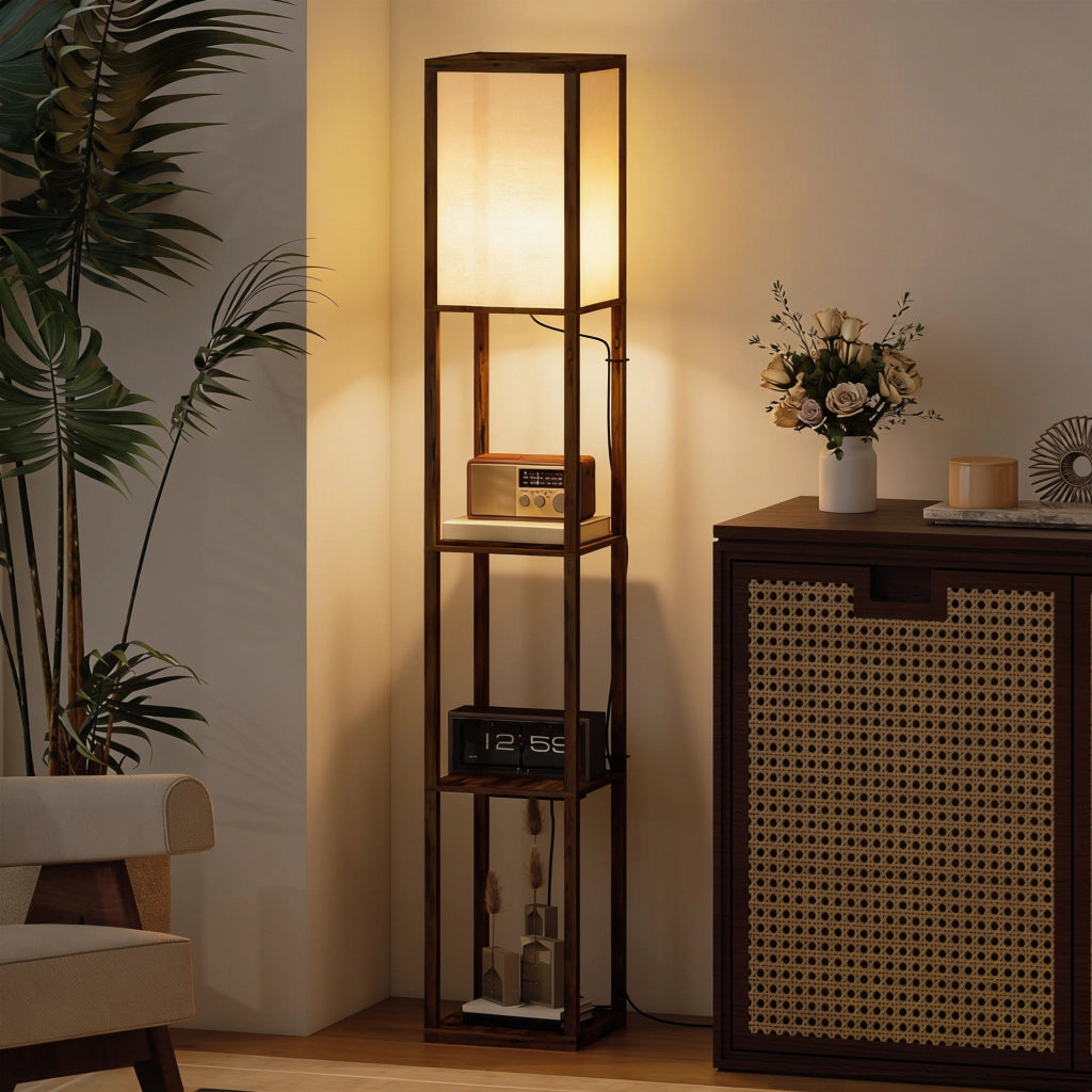 Lampada da Terra con Ripiani, Luce Regolabile, Interruttore a Pedale e Porte USB, Marrone