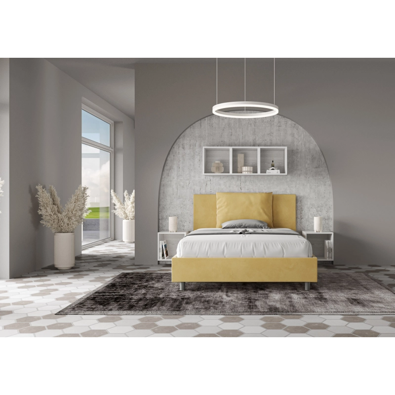 Letto imbottito Matrimoniale francese 140x190 cm Antea - Con rete,Microfibra,Ocra