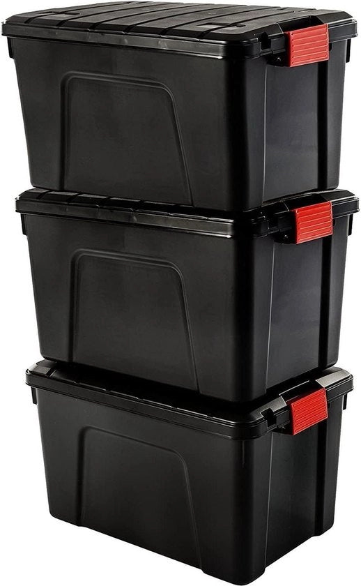 Organizzatore di archiviazione in plastica da 60L, set di 3, con coperchio e chiusura con clip, ergonomici, BPA-free, stivabile, nero