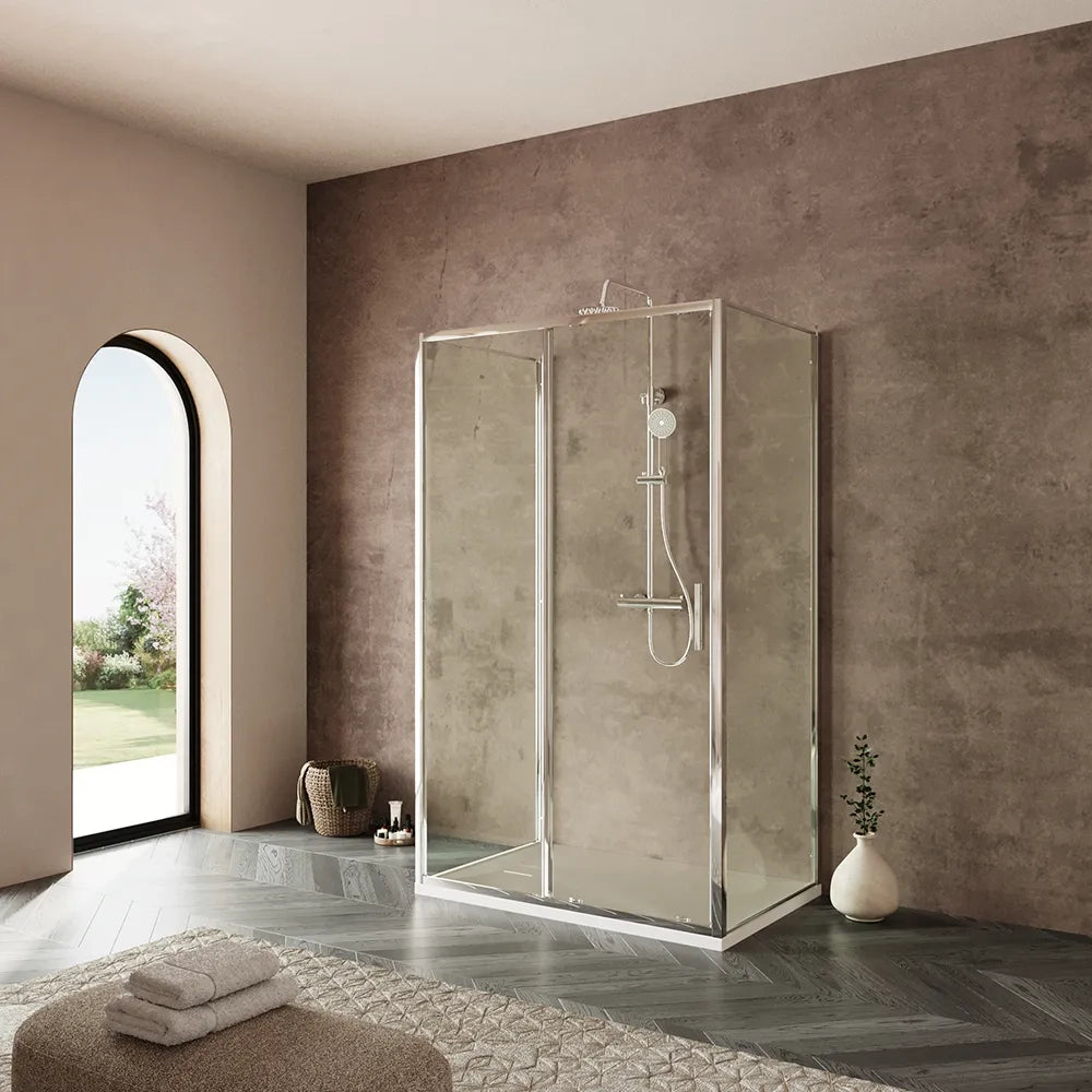 Box doccia tre lati 90x100x90cm con porta scorrevole profili cromati e vetro 6mm trasparente h190 | Portofino