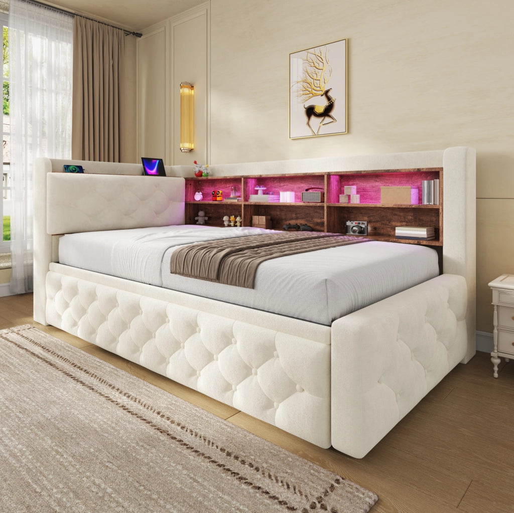 Divano letto 90x190 cm estraibile con contenitore; LED; USB e Type-C in velluto beige