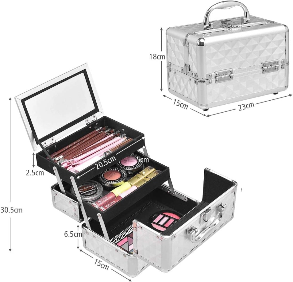 Valigetta per Cosmetici, Scatola Trucchi Professionale, Valigetta per Trucchi, con Specchio, Beauty Case, Pieghevole e Portatile, 23 x 15 x 18 cm