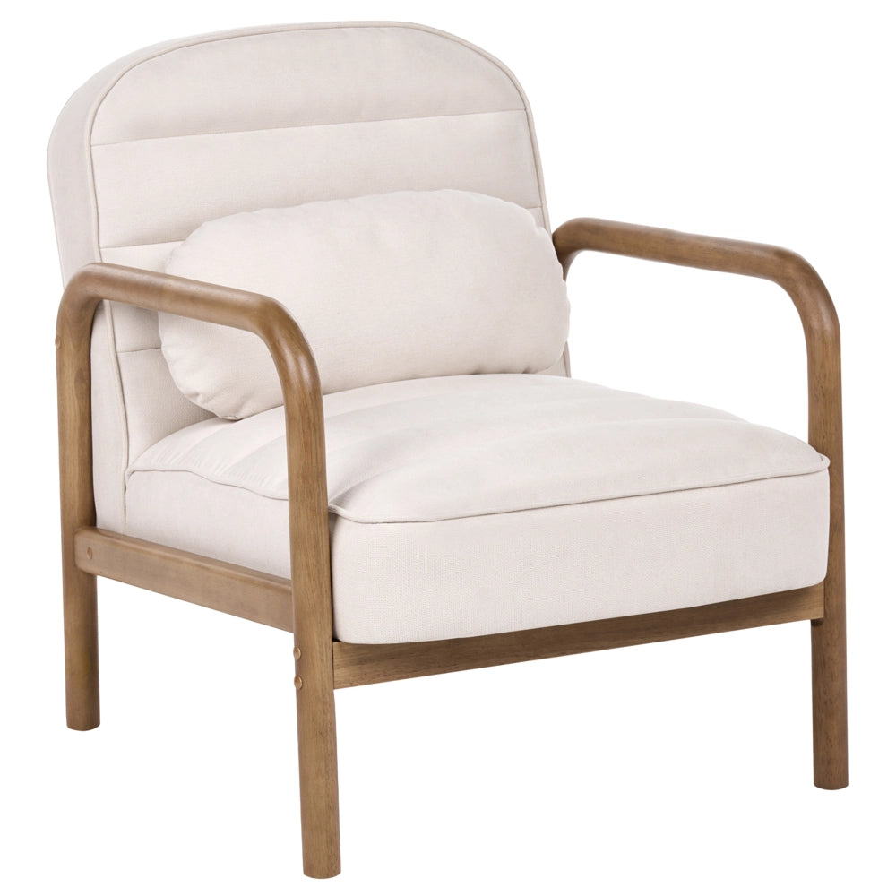 Poltrona in tessuto beige chiaro con struttura in legno, stile Mid-Century Modern