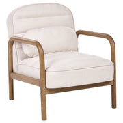 Poltrona in tessuto beige chiaro con struttura in legno, stile Mid-Century Modern