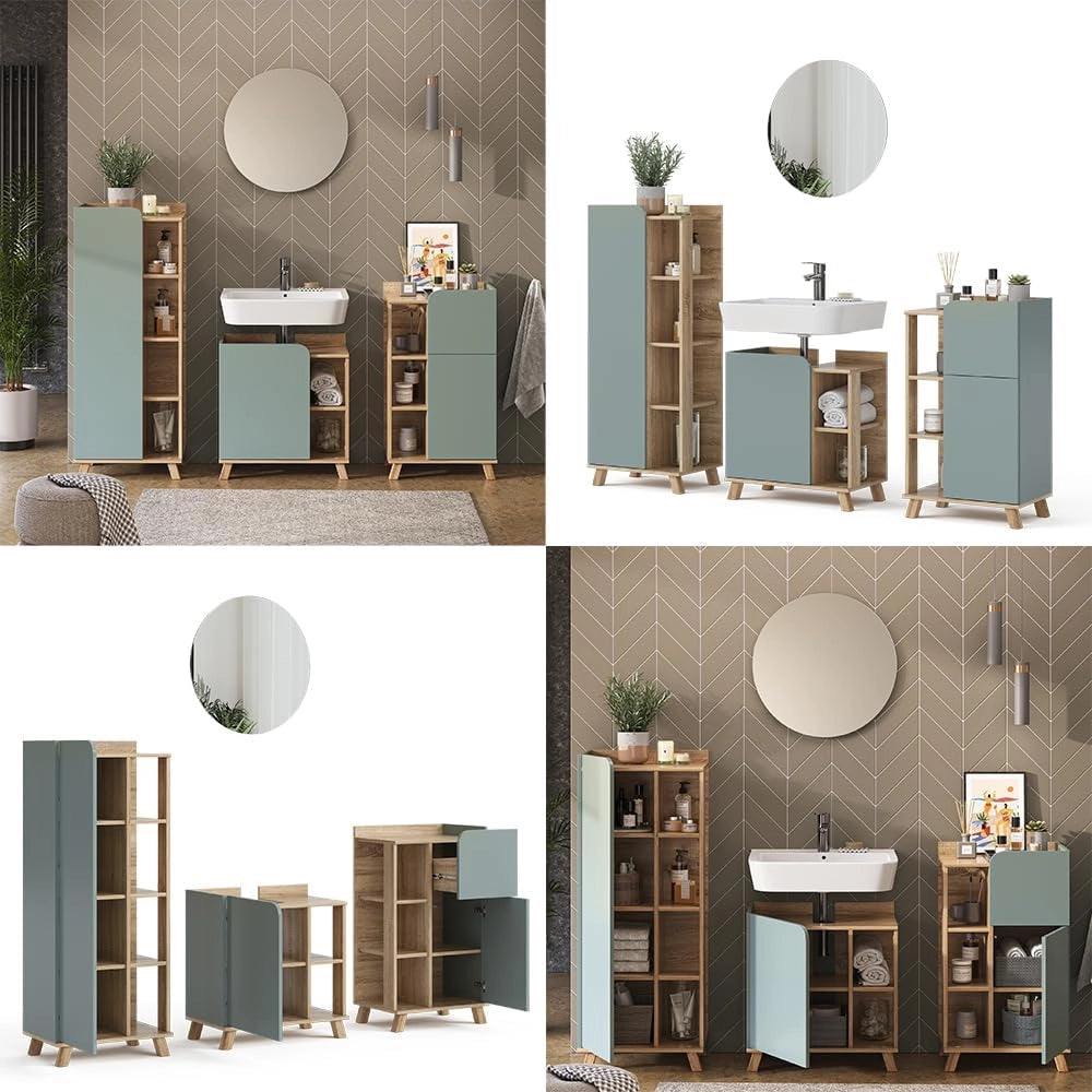Set di mobili da bagno Karen, Sonoma/blu, 60 cm, composto da mobile lavabo, pensile a specchio, colonna e base media