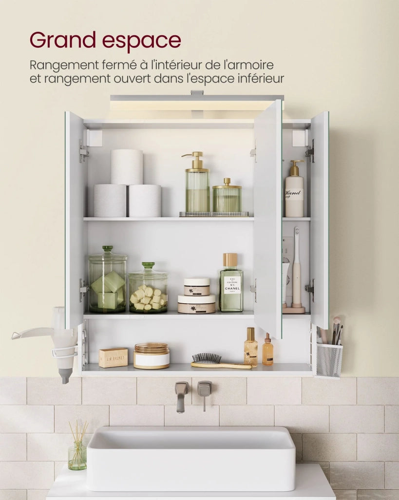 Mobiletto da bagno a 3 ante sospeso con specchio multipresa cestino pensile portaphon e lavabo bianco (12_0006464)