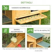 Gabbia per Galline con Casetta e Area Aperta, Nido con Tetto Apribile e Rete Metallica, Pollaio in Legno Giallo, 168x75x103cm