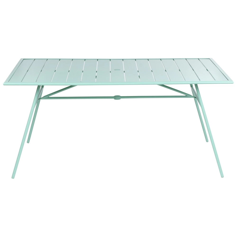 Set da pranzo da giardino per 6 persone con tavolo in ferro con foro centrale e sedie zincate e verniciate a polvere, colore verde menta