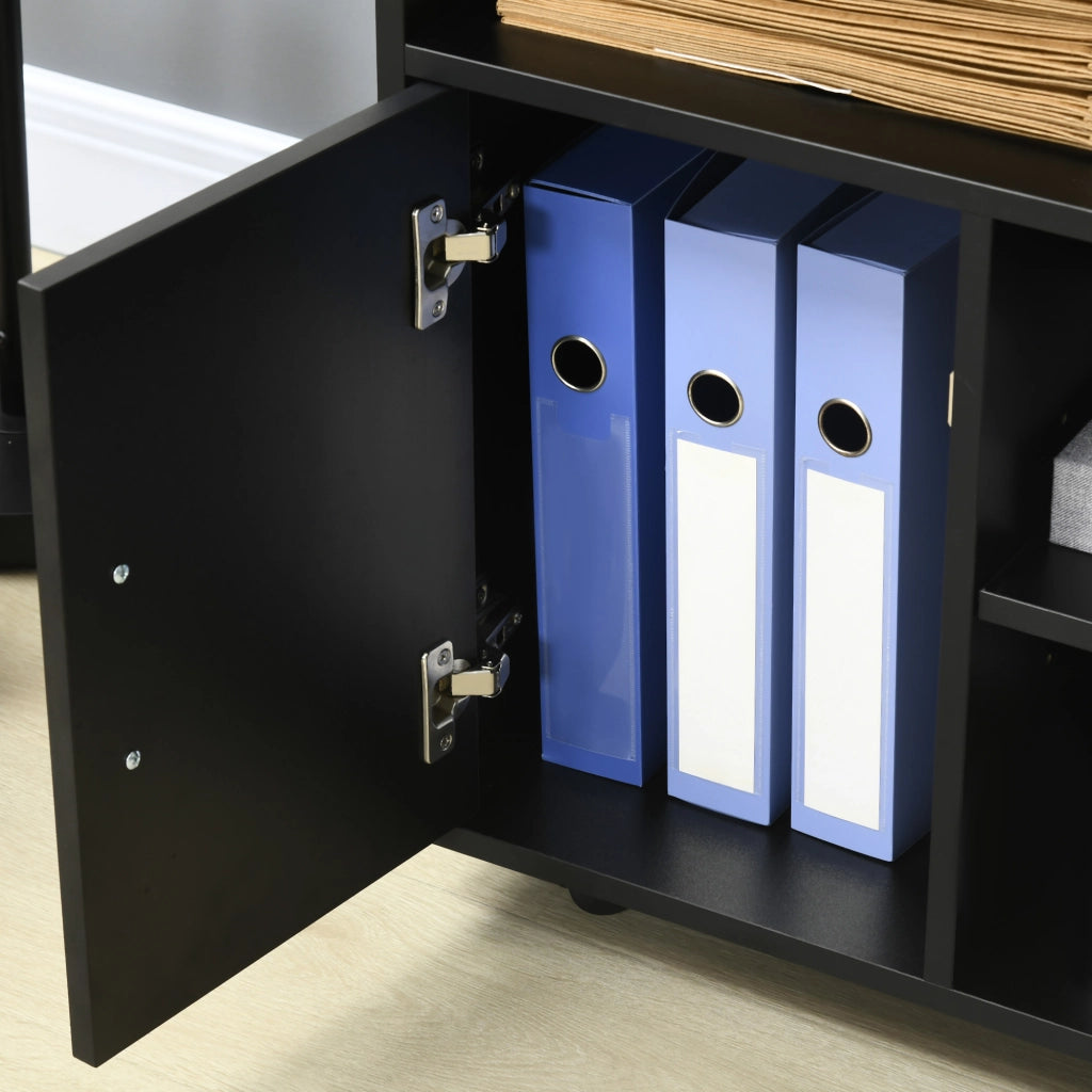 Mobile Porta Stampante 60x50x65,5 cm a Rotelle con Armadietto e 3 Ripiani Aperti in Legno Nero