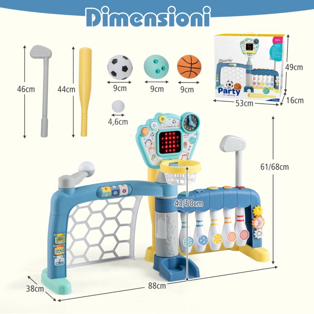 Giocattolo sportivo 5 in 1 per bambini con canestro da basket regolabile-Giocattolo sportivo per bambini con luci e suoni