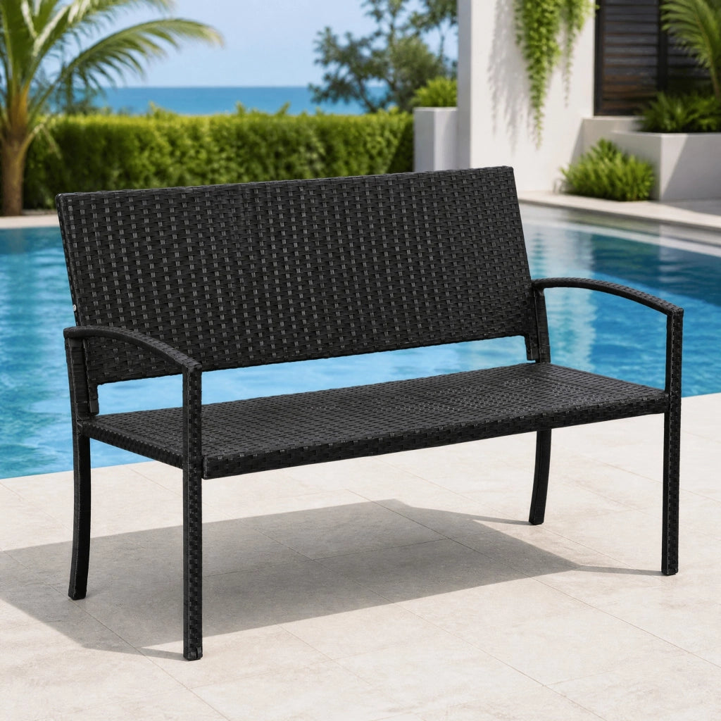 Panca da giardino 2 posti in polyrattan con struttura in acciaio; nera