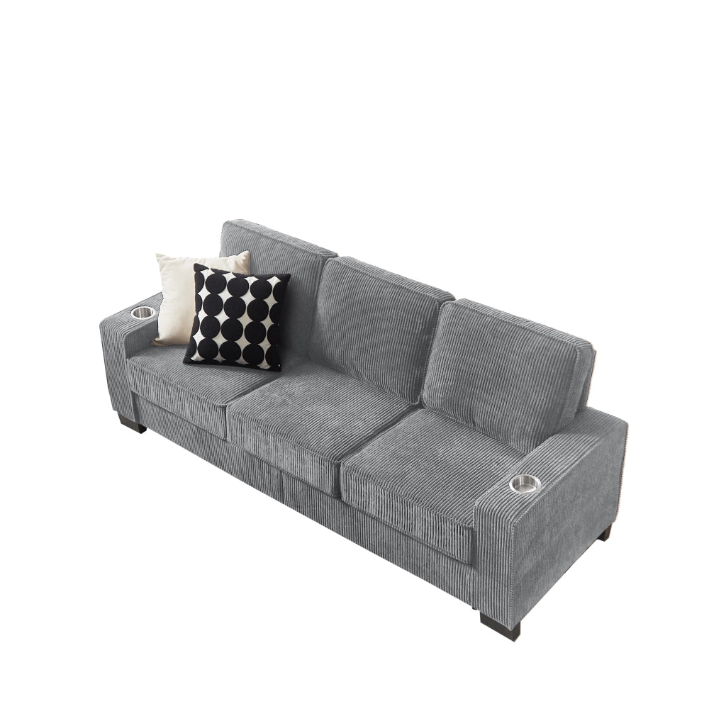 Divano lineare 3 posti con portabicchieri e seduta ergonomica in velluto a coste grigio 206×72×86 cm