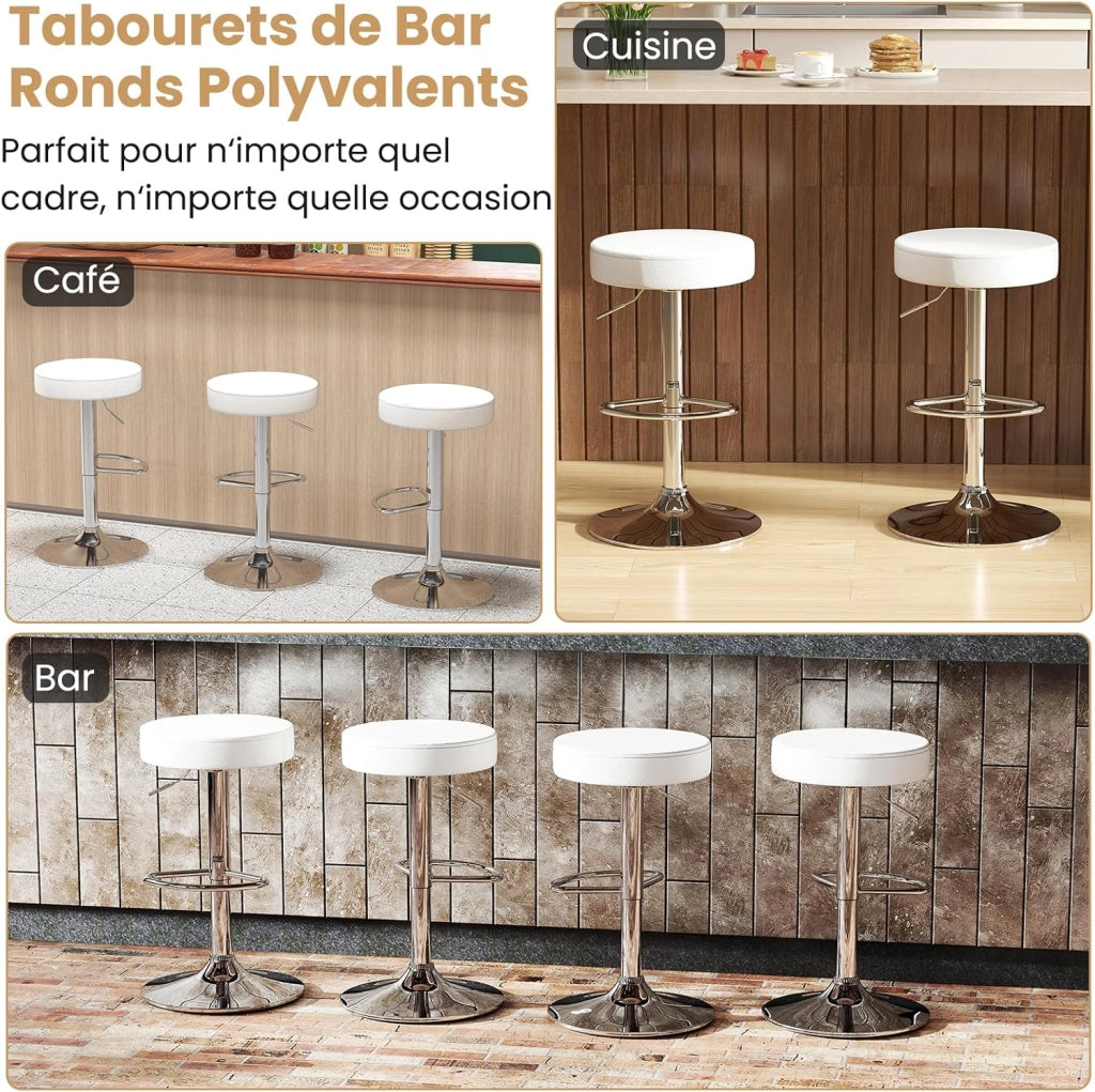Set di 2 sedie da bar, sgabello girevole a 360° con poggiapiedi, base rotonda e antiscivolo, altezza regolabile da 65 a 85 cm, sedie alte per cucina, bar e soggiorno, colore: bianco