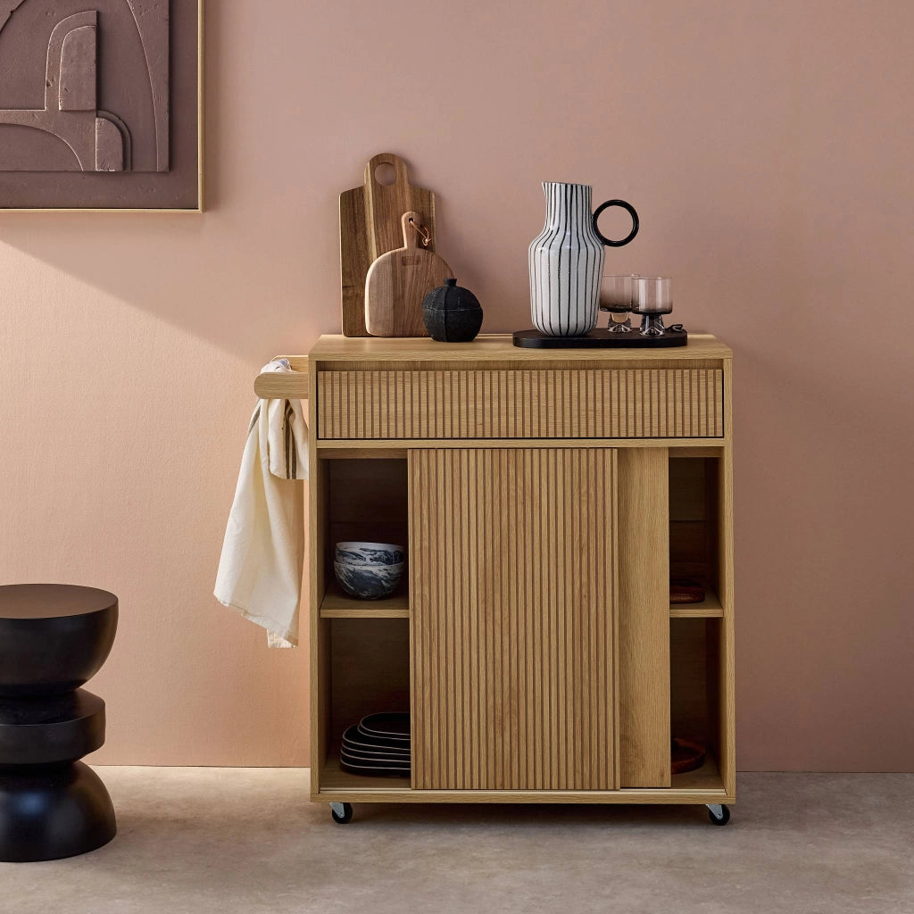 Carrello da cucina in legno decorato con 1 cassetto, 80cm, marrone
