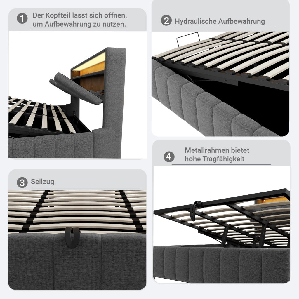 Letto contenitore matrimoniale 180 × 200 cm con sistema idraulico, LED, USB e USB-C, senza materasso, grigio