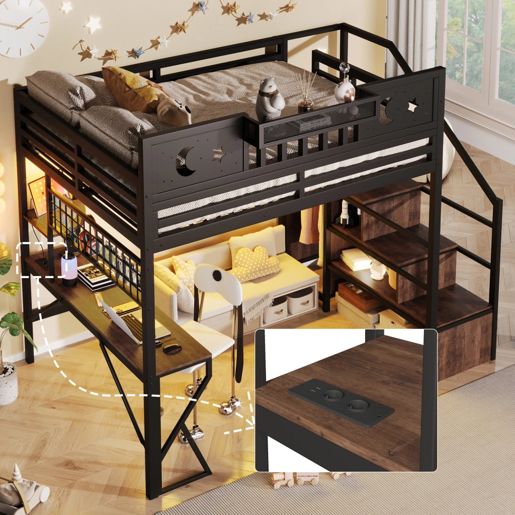 Letto a soppalco 140x200 cm con scrivania; pannello pegboard; ripiani; LED; USB e gambe a K; metallo nero