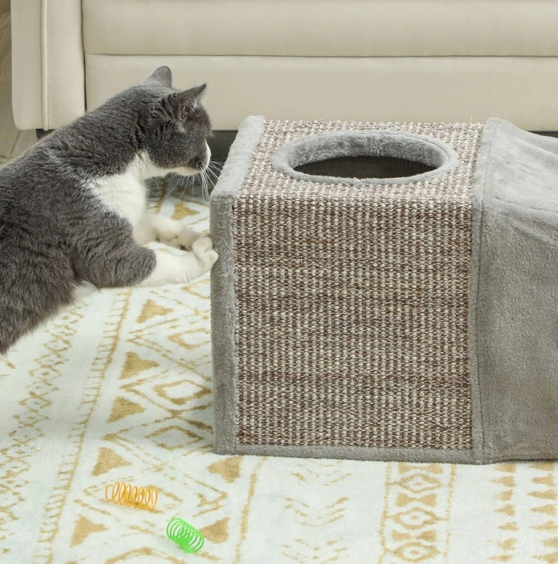 Tunnel pieghevole per gatti con due nicchie e rivestimento in sisal