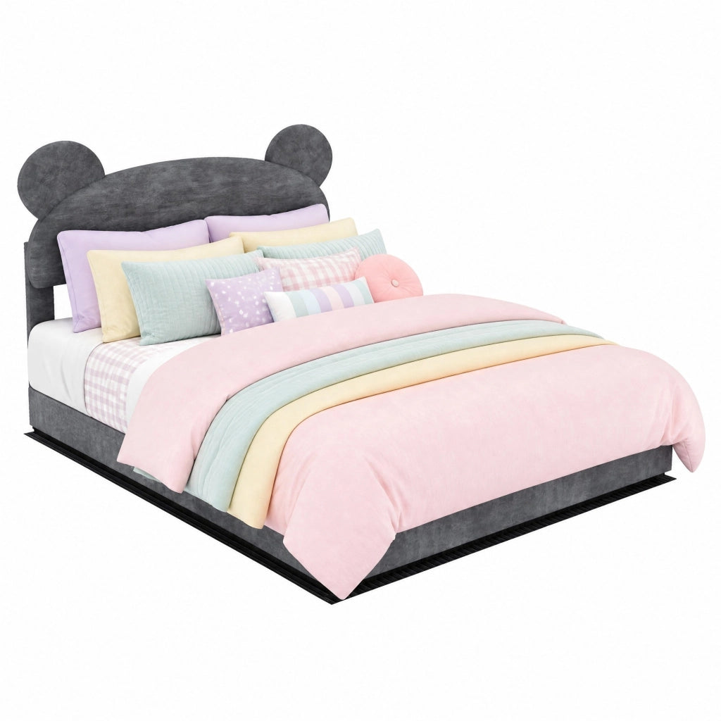Letto imbottito con testiera sagomata e contenitore pneumatico; 140x200 cm; grigio