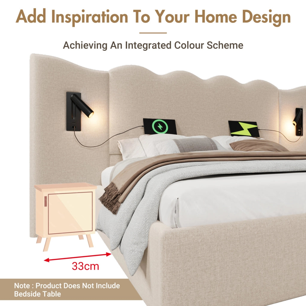 Letto contenitore 180x200 cm con lampada da lettura; USB Type-C; lino; beige