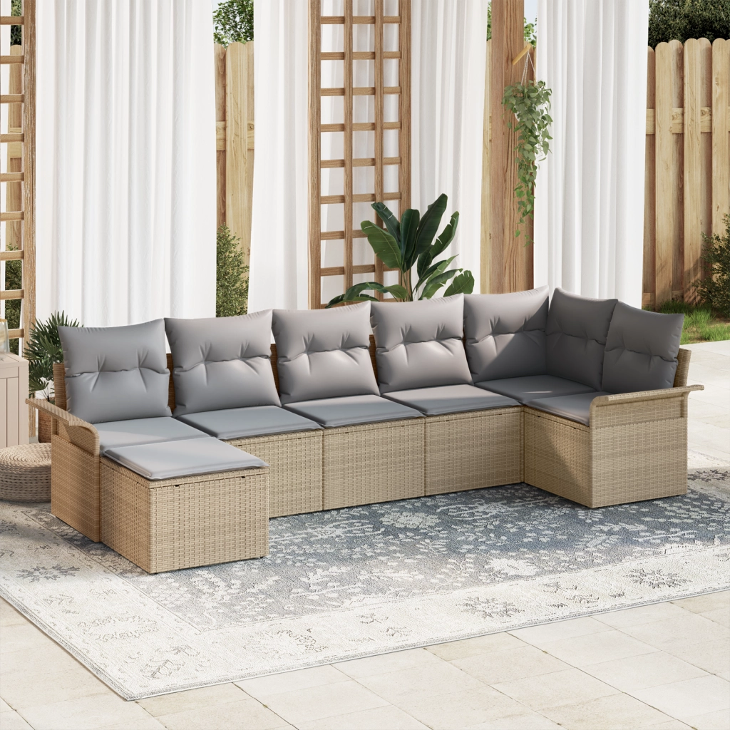 Set di divani da giardino 7 pezzi con cuscini beige in polyrattan